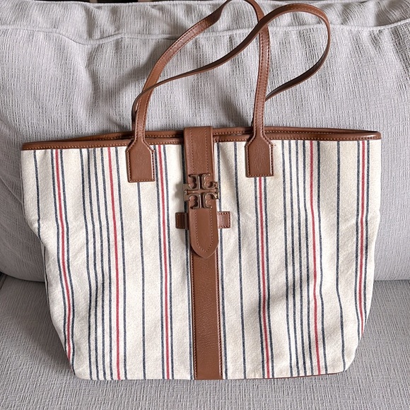 Tory Burch Handbags - Tory Burch Striped Large Canvas Tote with Leather Straps & Trim